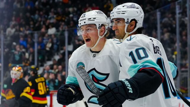 VANCOUVER, CANADA - MARCH 14: Bobby McMann #74 of the Seattle Kraken celebrates after scoring a goal on on the Vancouver Canucks during the third period of their NHL game at Rogers Arena on March 14, 2026 in Vancouver, British Columbia, Canada.