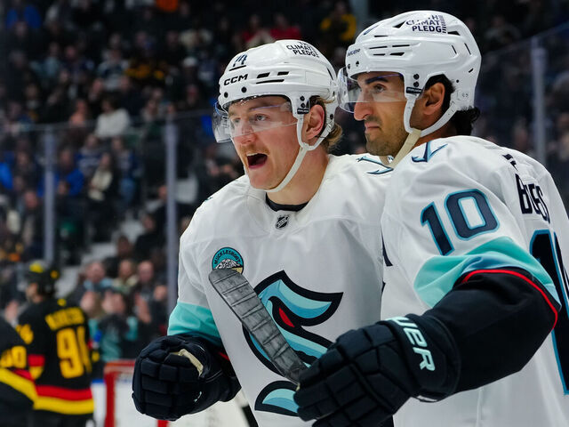 VANCOUVER, CANADA - MARCH 14: Bobby McMann #74 of the Seattle Kraken celebrates after scoring a goal on on the Vancouver Canucks during the third period of their NHL game at Rogers Arena on March 14, 2026 in Vancouver, British Columbia, Canada.