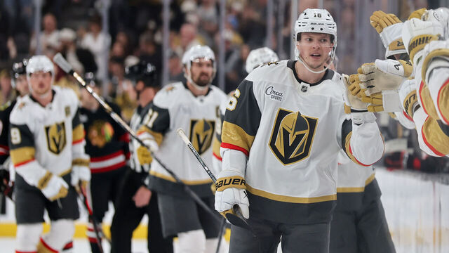 LAS VEGAS, NEVADA - MARCH 14: Pavel Dorofeyev #16 of the Vegas Golden Knights celebrates with teammates on the bench after scoring a first-period power-play goal against the Chicago Blackhawks during their game at T-Mobile Arena on March 14, 2026 in Las Vegas, Nevada. The Golden Knights defeated the Blackhawks 4-0.
