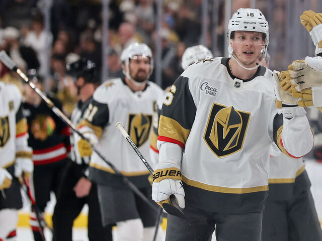LAS VEGAS, NEVADA - MARCH 14: Pavel Dorofeyev #16 of the Vegas Golden Knights celebrates with teammates on the bench after scoring a first-period power-play goal against the Chicago Blackhawks during their game at T-Mobile Arena on March 14, 2026 in Las Vegas, Nevada. The Golden Knights defeated the Blackhawks 4-0.