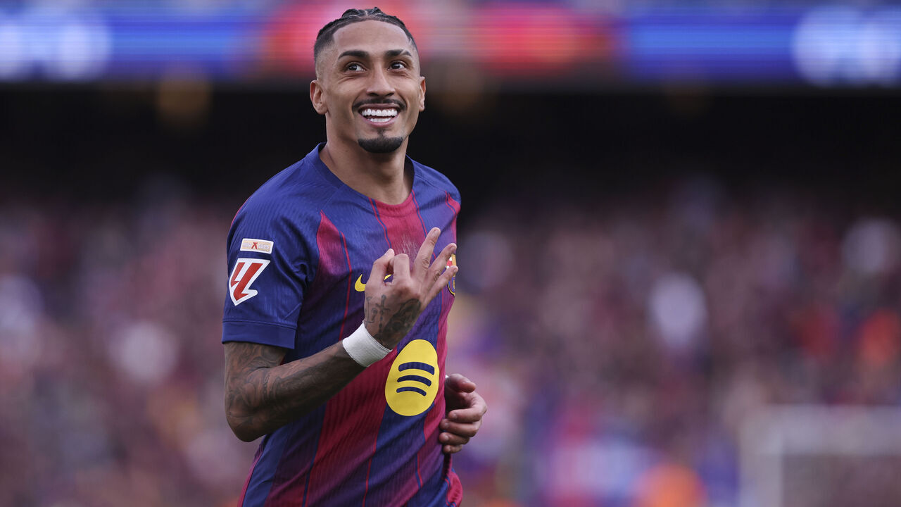 BARCELONA, SPAIN - MARCH 15: Raphinha of FC Barcelona celebrates a goal during the Spanish league, LaLiga EA Sports, football match played between FC Barcelona and Sevilla FC at Spotify Camp Nou stadium on March 15, 2026 in Barcelona, Spain.