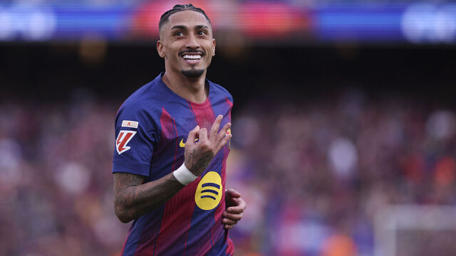 BARCELONA, SPAIN - MARCH 15: Raphinha of FC Barcelona celebrates a goal during the Spanish league, LaLiga EA Sports, football match played between FC Barcelona and Sevilla FC at Spotify Camp Nou stadium on March 15, 2026 in Barcelona, Spain.