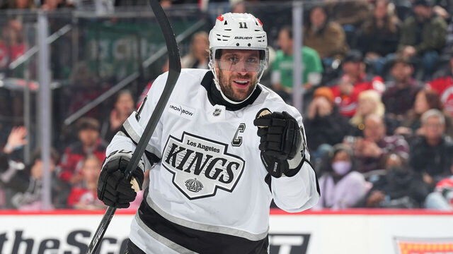 NEWARK, NJ - MARCH 14: Anze Kopitar #11 of the Los Angeles Kings celebrates Artemi Panarin #10 of the Los Angeles Kings (not pictured) goal during the second period of the game against the New Jersey Devils on March 14, 2026 at the Prudential Center in Newark, New Jersey.