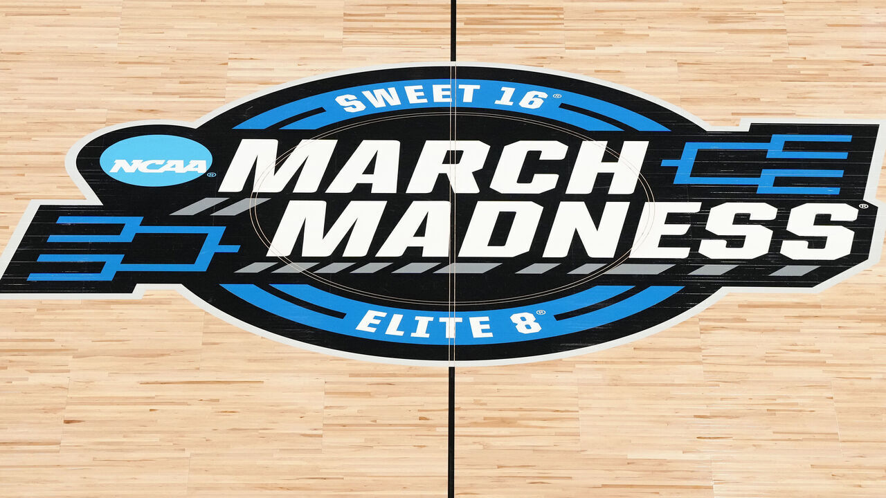 SAN FRANCISCO, CA - MARCH 29: Sweet 16/ Elite 8 March Madness logo shown on the floor before the NCAA Men's Basketball Tournament Elite 8 game between the Texas Tech Red Raiders and the Florida Gators at the Chase Center on March 29, 2025 in San Francisco, California.