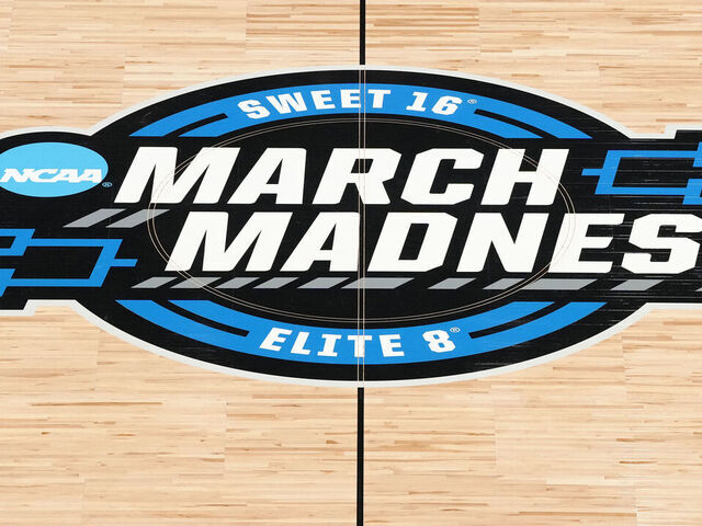 SAN FRANCISCO, CA - MARCH 29: Sweet 16/ Elite 8 March Madness logo shown on the floor before the NCAA Men's Basketball Tournament Elite 8 game between the Texas Tech Red Raiders and the Florida Gators at the Chase Center on March 29, 2025 in San Francisco, California.