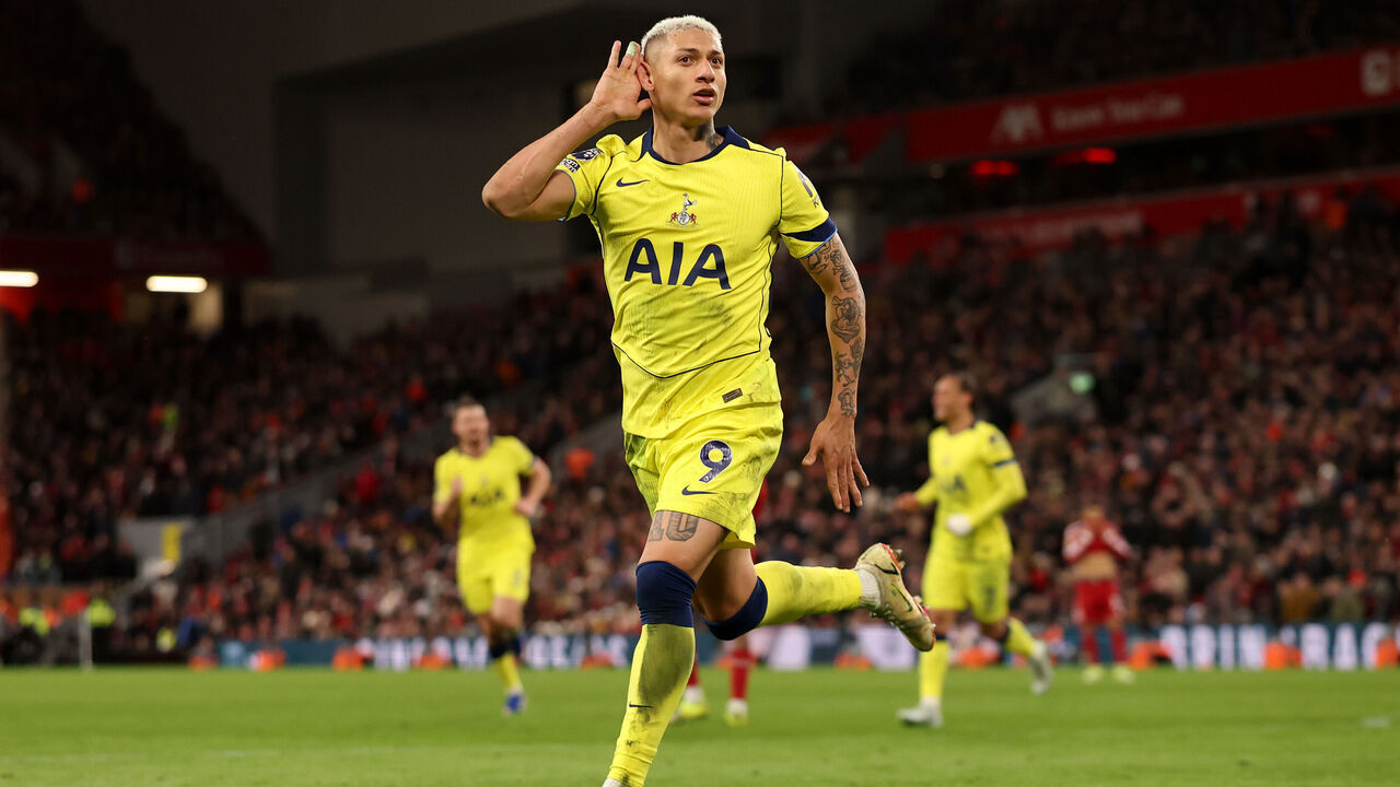 LIVERPOOL, ENGLAND - MARCH 15: Richarlison of Tottenham Hotspur celebrates scoring his team's first goal during the Premier League match between Liverpool and Tottenham Hotspur at Anfield on March 15, 2026 in Liverpool, England.