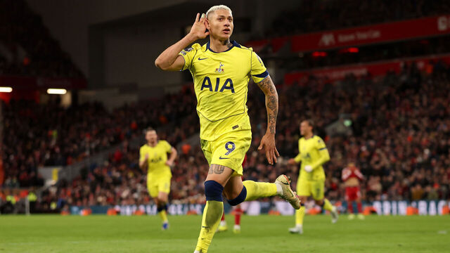 LIVERPOOL, ENGLAND - MARCH 15: Richarlison of Tottenham Hotspur celebrates scoring his team's first goal during the Premier League match between Liverpool and Tottenham Hotspur at Anfield on March 15, 2026 in Liverpool, England.