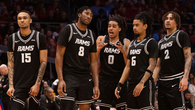 DAYTON, OH - MARCH 06: VCU Rams Guard Tyrell Ward (15) VCU Rams Guard Michael Belle (8) VCU Rams Guard Brandon Jennings (0) VCU Rams Guard Terrence Hill Jr. (6) and VCU Rams Guard Jadrian Tracey (2) walk on the floor together in a timeout in the second half during the game between the Virginia Commonwealth Rams and the Dayton Flyers on March 6th, 2026 at UD Arena in Dayton, OH.