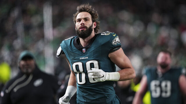 PHILADELPHIA, PA - JANUARY 11: Dallas Goedert #88 of the Philadelphia Eagles exits the field during an NFL wild card playoff football game against the San Francisco 49ers at Lincoln Financial Field on January 11, 2026 in Philadelphia, Pennsylvania.