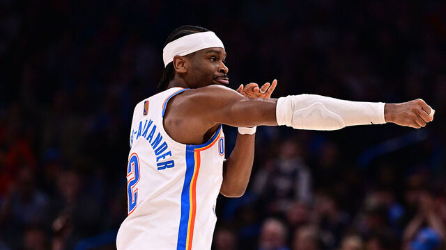 OKLAHOMA CITY, OKLAHOMA - MARCH 15: Shai Gilgeous-Alexander #2 of the Oklahoma City Thunder celebrates a made basket during the second half against the Minnesota Timberwolves at Paycom Center on March 15, 2026 in Oklahoma City, Oklahoma.