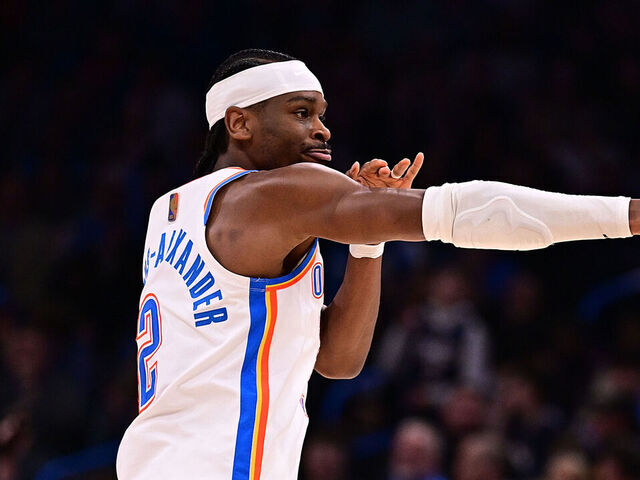 OKLAHOMA CITY, OKLAHOMA - MARCH 15: Shai Gilgeous-Alexander #2 of the Oklahoma City Thunder celebrates a made basket during the second half against the Minnesota Timberwolves at Paycom Center on March 15, 2026 in Oklahoma City, Oklahoma.