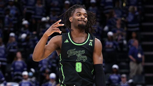MEMPHIS, TENNESSEE - MARCH 05: Josh Omojafo #8 of the South Florida Bulls reacts during the second half against the Memphis Tigers at FedExForum on March 05, 2026 in Memphis, Tennessee.