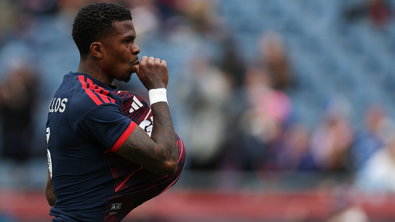 FOXBOROUGH, MASSACHUSETTS - MARCH 15: Brayan Ceballos #3 of the New England Revolution celebrates after scoring a goal during the first half of the MLS match between New England Revolution and FC Cincinnati at Gillette Stadium on March 15, 2026 in Foxborough, Massachusetts.