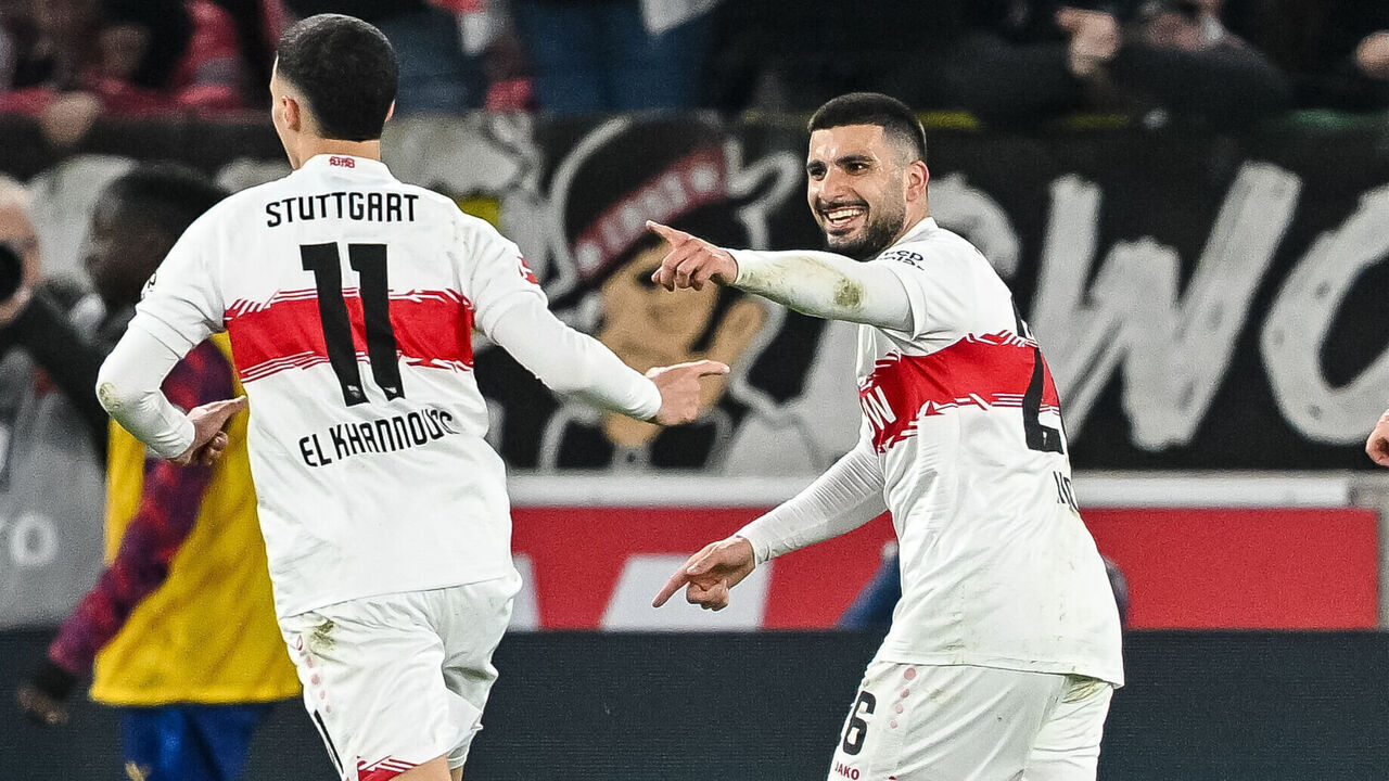 15 March 2026, Baden-Württemberg, Stuttgart: Soccer, Bundesliga, VfB Stuttgart - RB Leipzig, Matchday 26, MHPArena. Bilal El Khannouss (l, VfB Stuttgart) and goalscorer Deniz Undav (VfB Stuttgart) celebrate after scoring the 1:0 goal. Photo: Harry Langer/dpa - IMPORTANT NOTE: In accordance with the regulations of the DFL German Football League and the DFB German Football Association, it is prohibited to utilize or have utilized photographs taken in the stadium and/or of the match in the form of sequential images and/or video-like photo series.