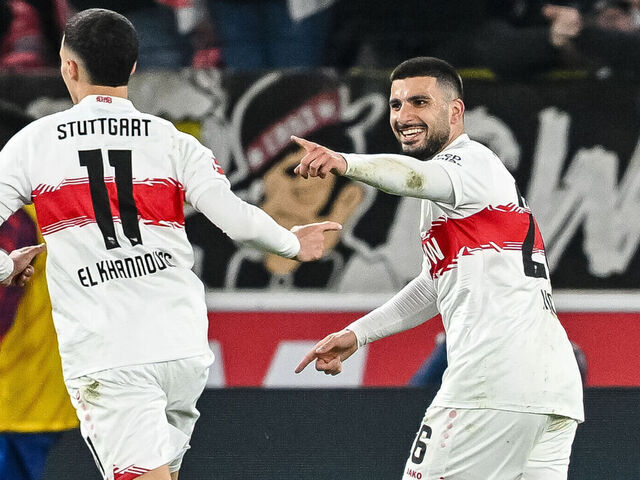 15 March 2026, Baden-Württemberg, Stuttgart: Soccer, Bundesliga, VfB Stuttgart - RB Leipzig, Matchday 26, MHPArena. Bilal El Khannouss (l, VfB Stuttgart) and goalscorer Deniz Undav (VfB Stuttgart) celebrate after scoring the 1:0 goal. Photo: Harry Langer/dpa - IMPORTANT NOTE: In accordance with the regulations of the DFL German Football League and the DFB German Football Association, it is prohibited to utilize or have utilized photographs taken in the stadium and/or of the match in the form of sequential images and/or video-like photo series.