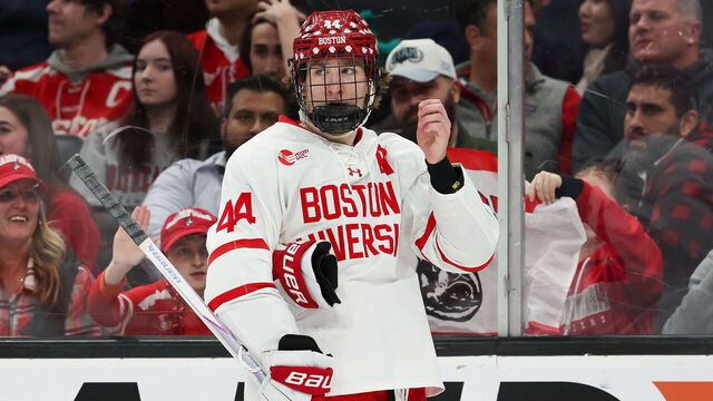 BOSTON, MASSACHUSETTS - FEBRUARY 2: Cole Hutson #44 of the Boston University Terriers skates against the Northeastern Huskies in the first period during NCAA hockey in the semifinals of the annual Beanpot Hockey Tournament at TD Garden on February 2, 2026 in Boston, Massachusetts. The game ended in a 2-2 tie with the Terriers winning the shootout.