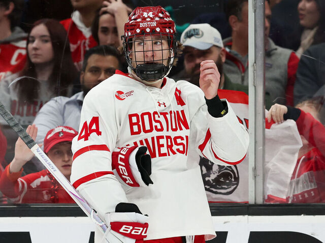 BOSTON, MASSACHUSETTS - FEBRUARY 2: Cole Hutson #44 of the Boston University Terriers skates against the Northeastern Huskies in the first period during NCAA hockey in the semifinals of the annual Beanpot Hockey Tournament at TD Garden on February 2, 2026 in Boston, Massachusetts. The game ended in a 2-2 tie with the Terriers winning the shootout.