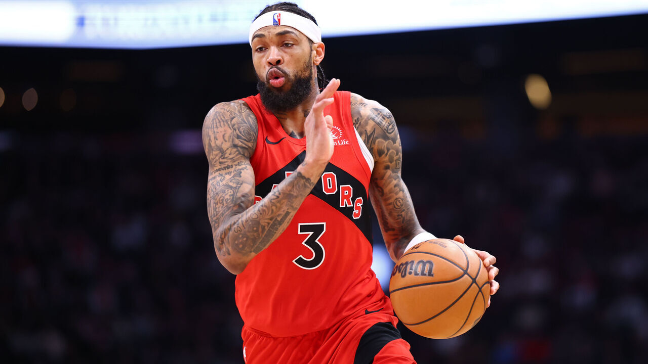 TORONTO, CANADA - MARCH 15: Brandon Ingram #3 of the Toronto Raptors dribbles the ball during the game against the Detroit Pistons on March 15, 2026 at the Scotiabank Arena in Toronto, Ontario, Canada. Mandatory Copyright Notice: Copyright 2026 NBAE