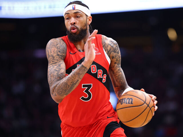 TORONTO, CANADA - MARCH 15: Brandon Ingram #3 of the Toronto Raptors dribbles the ball during the game against the Detroit Pistons on March 15, 2026 at the Scotiabank Arena in Toronto, Ontario, Canada. Mandatory Copyright Notice: Copyright 2026 NBAE