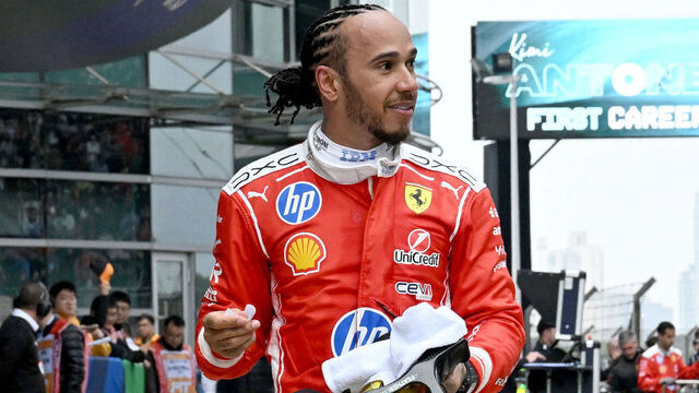 SHANGHAI, CHINA - MARCH 15: Third placed Lewis Hamilton of Great Britain and Scuderia Ferrari celebrates in parc ferme during the F1 Grand Prix of China at Shanghai International Circuit on March 15, 2026 in Shanghai, China.