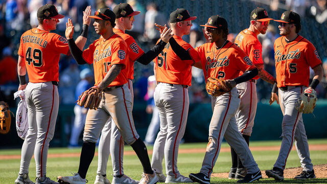 SCOTTSDALE, AZ - MARCH 11: Members of the San Francisco Giants celebrate after the game between the Kansas City Royals and the San Francisco Giants at Scottsdale Stadium on Wednesday, March 11, 2026 in Scottsdale, Arizona.