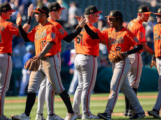 SCOTTSDALE, AZ - MARCH 11: Members of the San Francisco Giants celebrate after the game between the Kansas City Royals and the San Francisco Giants at Scottsdale Stadium on Wednesday, March 11, 2026 in Scottsdale, Arizona.