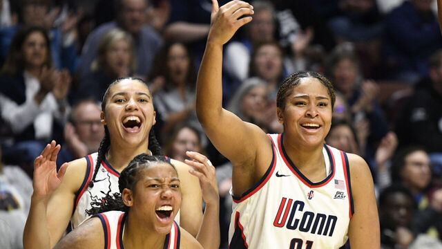 UNCASVILLE, CT - MARCH 07: KK Arnold #2 of the UConn Huskies, Azzi Fudd #35 of the UConn Huskies, and Sarah Strong #21 of the UConn Huskies react on the bench during the BIG EAST Women's Basketball Tournament Quarterfinal game between the UConn Huskies and the Georgetown Hoyas on March 7, 2026 at Mohegan Sun Arena in Uncasville, CT.