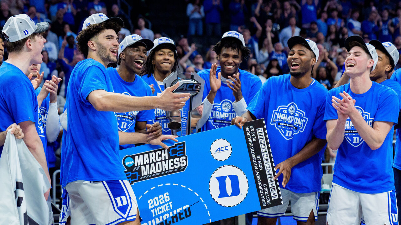 CHARLOTTE, NORTH CAROLINA - MARCH 14: Duke Blue Devils players celebrate after defeating the Virginia Cavaliers during the finals of the men's ACC Tournament at Spectrum Center on March 14, 2026 in Charlotte, North Carolina.
