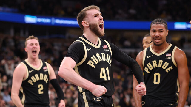 CHICAGO, ILLINOIS - MARCH 15: Braden Smith #41 of the Purdue Boilermakers celebrates a basket and a foul against the Michigan Wolverinesduring the second half of the 2026 Big Ten Men's Basketball Tournament Championship game at the United Center on March 15, 2026 in Chicago, Illinois.
