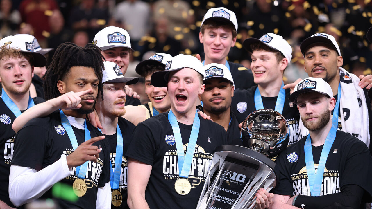 CHICAGO, ILLINOIS - MARCH 15: The Purdue Boilermakers celebrate after defeating the Michigan Wolverines in the 2026 Big Ten Men's Basketball Tournament Championship game at the United Center on March 15, 2026 in Chicago, Illinois.