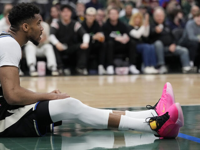 MILWAUKEE, WISCONSIN - MARCH 15: Giannis Antetokounmpo #34 of the Milwaukee Bucks sits on the court during the third quarter against the Indiana Pacers at Fiserv Forum on March 15, 2026 in Milwaukee, Wisconsin.