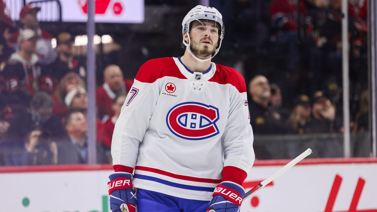 OTTAWA, ON - MARCH 11: Kirby Dach #77 of the Montreal Canadiens takes a break during a stoppage in play against the Ottawa Senators on March 11, 2026, at Canadian Tire Centre in Ottawa, ON, Canada.
