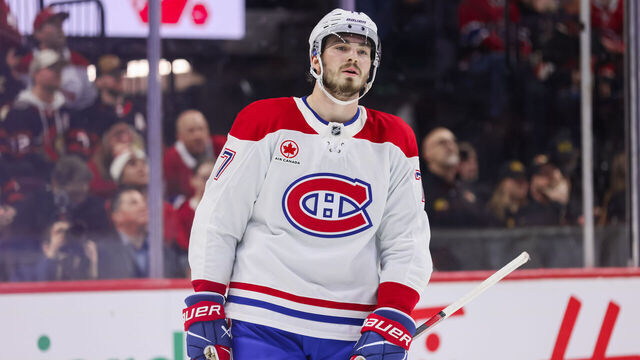OTTAWA, ON - MARCH 11: Kirby Dach #77 of the Montreal Canadiens takes a break during a stoppage in play against the Ottawa Senators on March 11, 2026, at Canadian Tire Centre in Ottawa, ON, Canada.