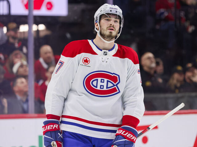 OTTAWA, ON - MARCH 11: Kirby Dach #77 of the Montreal Canadiens takes a break during a stoppage in play against the Ottawa Senators on March 11, 2026, at Canadian Tire Centre in Ottawa, ON, Canada.