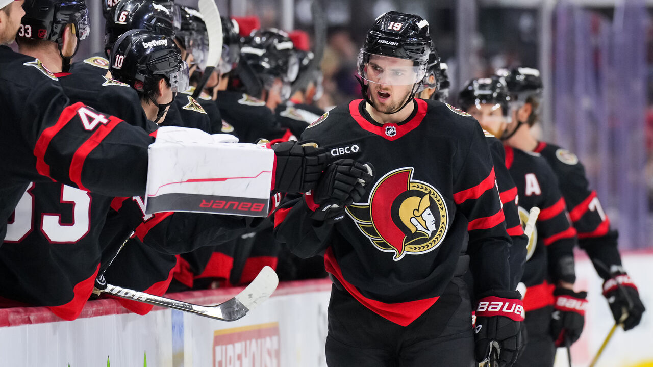 OTTAWA, CANADA - MARCH 15: Drake Batherson #19 of the Ottawa Senators celebrates his third period goal against the San Jose Sharks at Canadian Tire Centre on March 15, 2026 in Ottawa, Ontario, Canada.