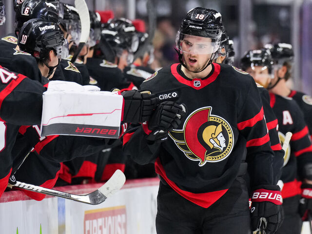 OTTAWA, CANADA - MARCH 15: Drake Batherson #19 of the Ottawa Senators celebrates his third period goal against the San Jose Sharks at Canadian Tire Centre on March 15, 2026 in Ottawa, Ontario, Canada.