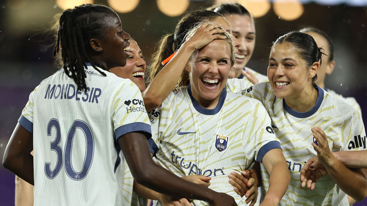 ORLANDO, FLORIDA - MARCH 15: Brittany Ratcliffe #13 of Seattle Reign FC celebrates scoring her team's second goal with teammates during the NWSL match between Orlando Pride and Seattle Reign at Inter&Co Stadium on March 15, 2026 in Orlando, Florida.