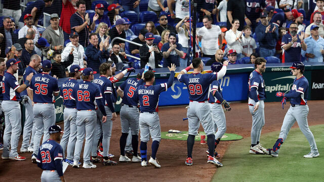 MIAMI, FL - MARCH 15: Roman Anthony #3 of Team USA celebrates with teammates after hitting a solo home run in the fourth inning during the 2026 World Baseball Classic WBC game presented by Capital One between Team USA and Team Dominican Republic at loanDepot park on Sunday, March 15, 2026 in Miami, Florida.
