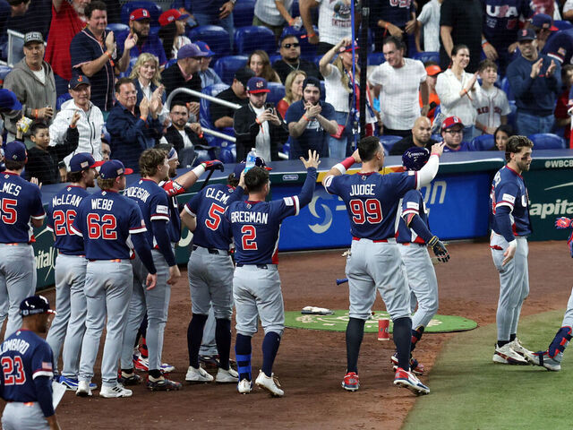 MIAMI, FL - MARCH 15: Roman Anthony #3 of Team USA celebrates with teammates after hitting a solo home run in the fourth inning during the 2026 World Baseball Classic WBC game presented by Capital One between Team USA and Team Dominican Republic at loanDepot park on Sunday, March 15, 2026 in Miami, Florida.