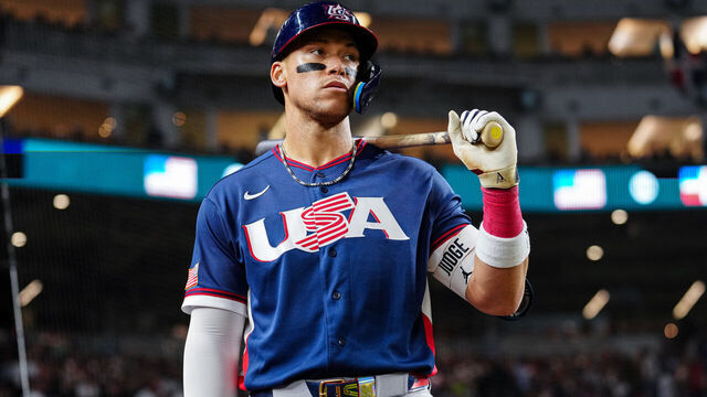 MIAMI, FL - MARCH 15: Aaron Judge #99 of Team USA looks on during the 2026 World Baseball Classic WBC game presented by Capital One between Team USA and Team Dominican Republic at loanDepot park on Sunday, March 15, 2026 in Miami, Florida.