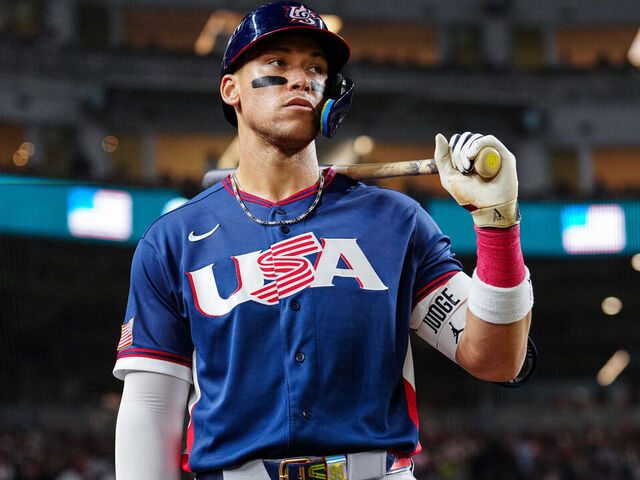 MIAMI, FL - MARCH 15: Aaron Judge #99 of Team USA looks on during the 2026 World Baseball Classic WBC game presented by Capital One between Team USA and Team Dominican Republic at loanDepot park on Sunday, March 15, 2026 in Miami, Florida.