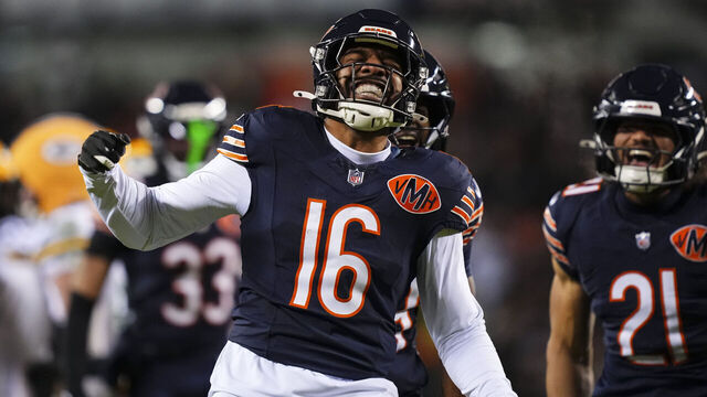 CHICAGO, IL - JANUARY 10: Jalen Reeves-Maybin #16 of the Chicago Bears celebrates during an NFC Wild Card Playoff game against the Green Bay Packers at Soldier Field on January 10, 2026 in Chicago, Illinois.