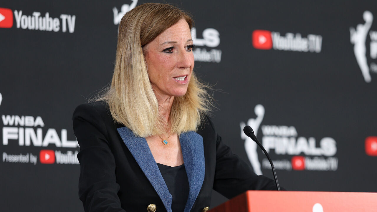 LAS VEGAS, NEVADA - OCTOBER 03: WNBA Commissioner Cathy Engelbert speaks to the media ahead of Game One of the 2025 WNBA Playoffs finals between the Las Vegas Aces and the Phoenix Mercury at Michelob ULTRA Arena on October 03, 2025 in Las Vegas, Nevada.