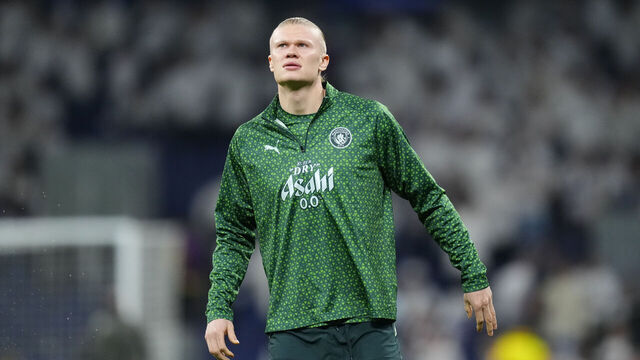 Erling Haaland centre-forward of Manchester City and Norway during the warm-up before the UEFA Champions League 2025/26 Round of 16 First Leg match between Real Madrid CF and Manchester City FC at Estadio Santiago Bernabeu on March 11, 2026 in Madrid, Spain.