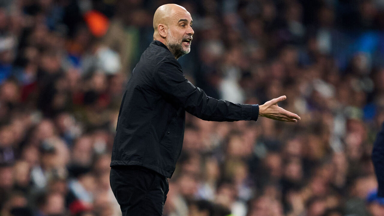 MADRID, SPAIN - MARCH 11: Head coach Pep Guardiola of Manchester City reacts during the UEFA Champions League 2025/26 Round of 16 First Leg match between Real Madrid CF and Manchester City FC at Estadio Santiago Bernabeu on March 11, 2026 in Madrid, Spain.