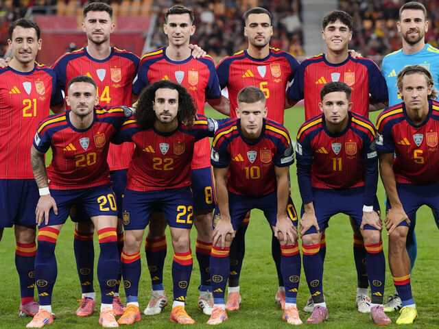 Spain line up (L-R) Mikel Oyarzabal, Aymeric Laporte, Fabian Ruiz, Mikel Merino, Pau Cubarsi, Unai Simon, Aleix Garcia, Marc Cucurella, Dani Olmo, Yeremy Pino, Marcos Llorente during the FIFA World Cup 2026 qualifier match between Spain and Türkiye at Estadio de La Cartuja on November 18, 2025 in Seville, Spain.