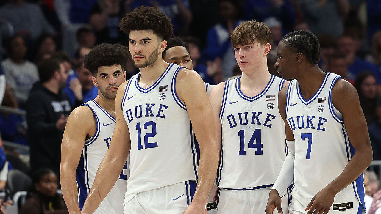 CHARLOTTE, NC - MARCH 14: Duke Blue Devils guard Cayden Boozer (2), forward Cameron Boozer (12), guard Nikolas Khamenia (14) and guard Dame Sarr (7) during the ACC Men's basketball tournament finals between the Virginia Cavaliers and the Duke Blue Devils on March 14, 2026 at the Spectrum Center in Charlotte, N.C.