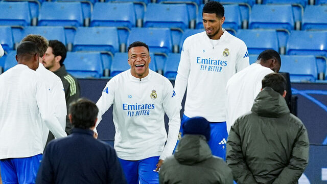 Real Madrid's Kylian Mbappe and Jude Bellingham during the training session at the Etihad Stadium, Manchester. Picture date: Monday March 16, 2026.