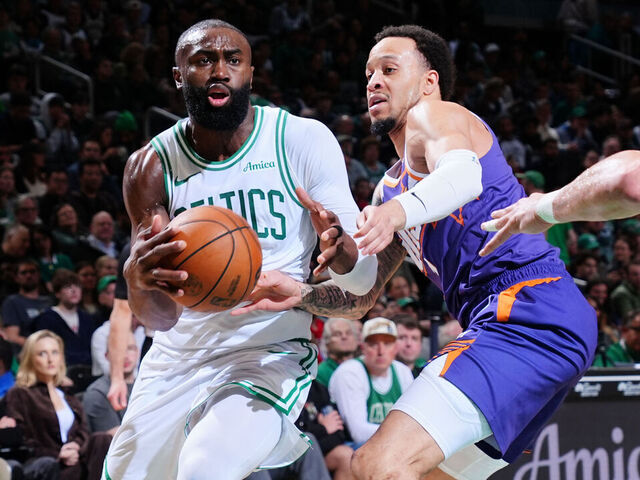 BOSTON, MA - MARCH 16: Jaylen Brown #7 of the Boston Celtics drives to the basket during the game against the Phoenix Suns on March 16, 2026 at TD Garden in Boston, Massachusetts. NOTE TO USER: User expressly acknowledges and agrees that, by downloading and/or using this Photograph, user is consenting to the terms and conditions of the Getty Images License Agreement. Mandatory Copyright Notice: Copyright 2026 NBAE