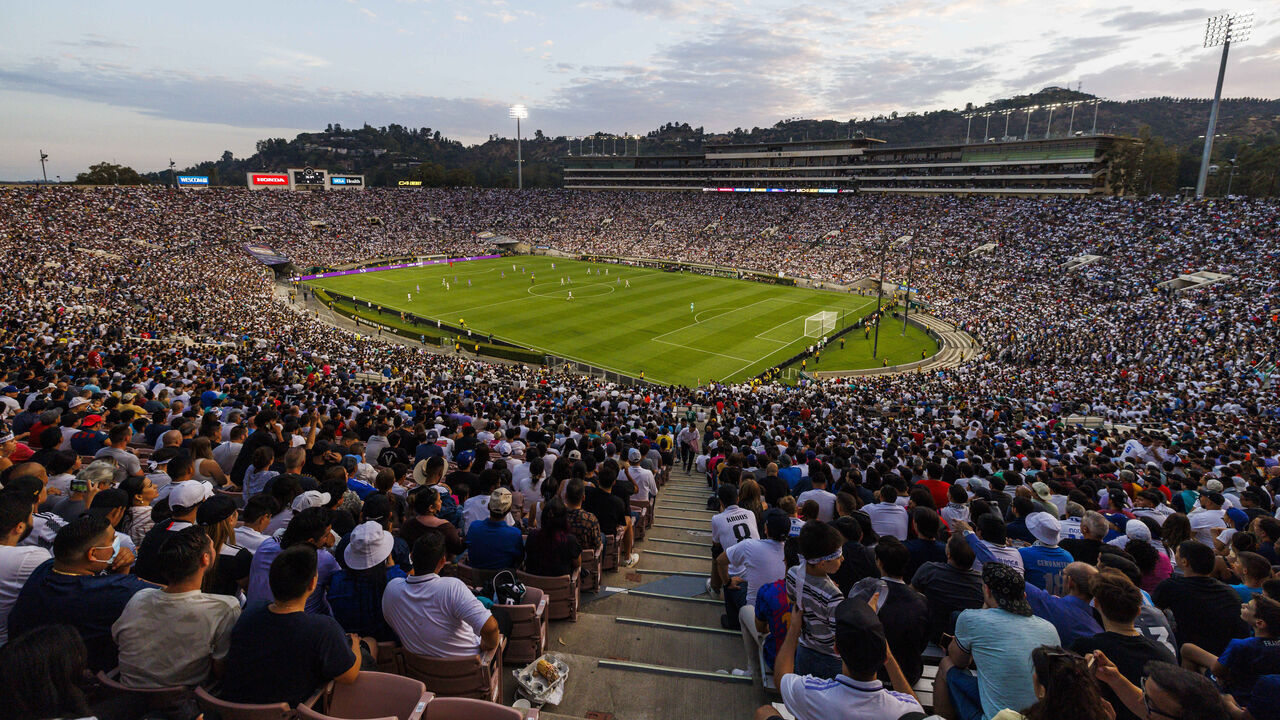 PASADENA, CA - JULY 30: General view of the interior of Rose Bowl Stadium during the Soccer Champions Tour between Real Madrid and Juventus on July 30, 2022 at Rose Bowl Stadium in Pasadena, Calif.